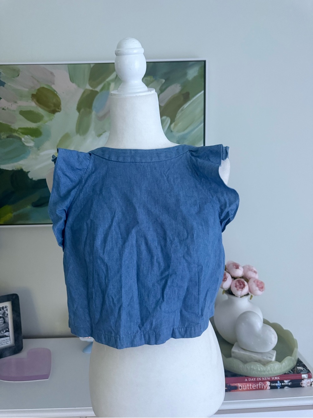 Club Monaco Blue Ruffle Cap Sleeve Crop Top